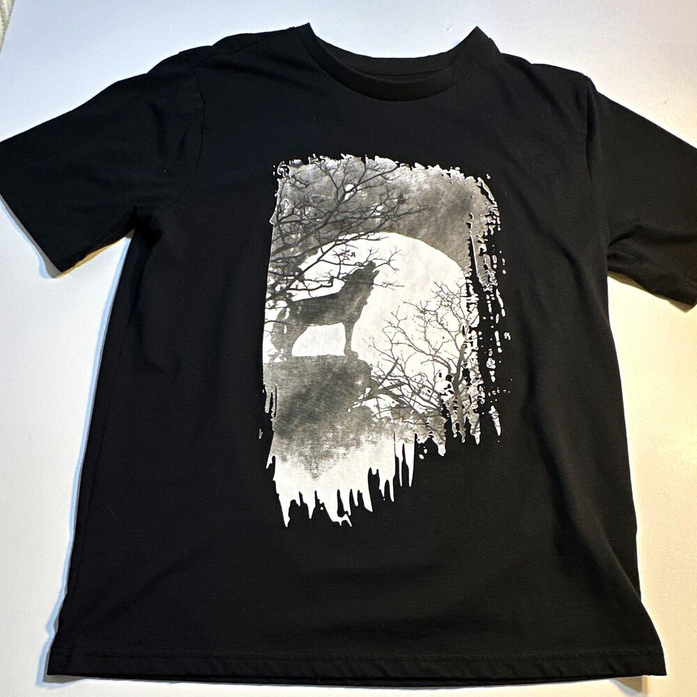 Men’s ADTN Black Graphic Print Crew Neck Short Sleeve T-Shirt Size M Wolf Moon